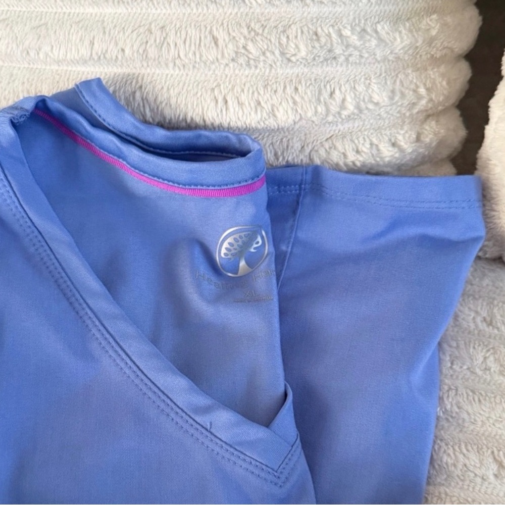 healing hands Periwinkle Blue Scrub Top with Pink Trim
